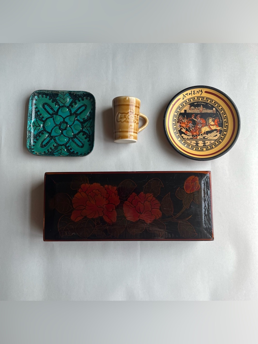 Vintage Laquer Box Ceramic Mini Plate Stein Metal Coaster - Decor Bundle of 4
